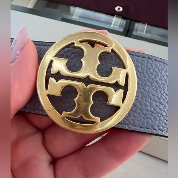 Tory Burch 1" wide Reversible Double T Belt Blue Beige Cloud Blue Longan Gold - Picture 8 of 9